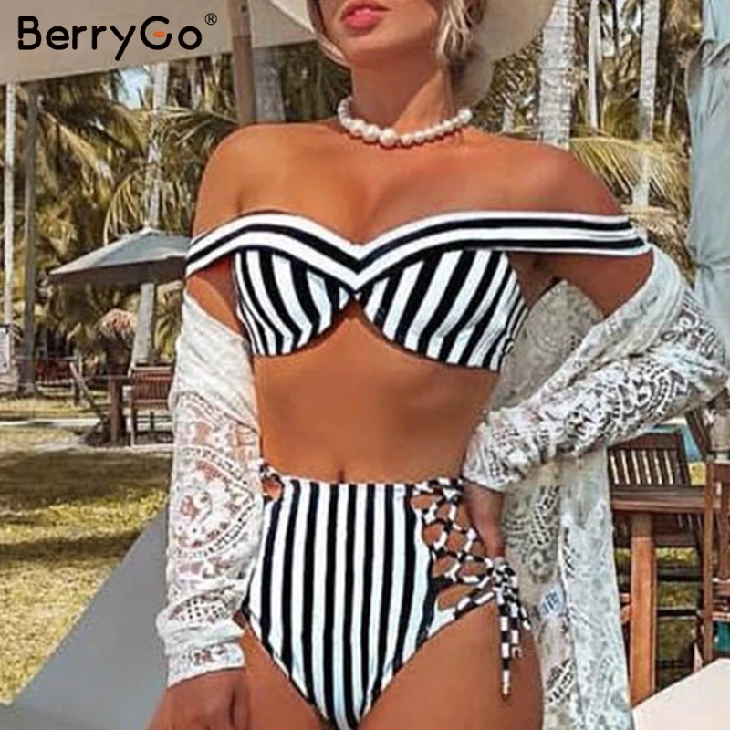 

BerryGo Sexy striped two pieces women Bikini bra sets Push up swimwear bathers High waist beach bikinis 2019 mujer bathing suit