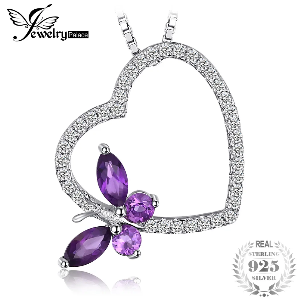 

JewelryPalace Butterfly Heart Natural Purple Amethyst White Topaz Pendant 925 Sterling Silver Jewelry Not Include A Chain