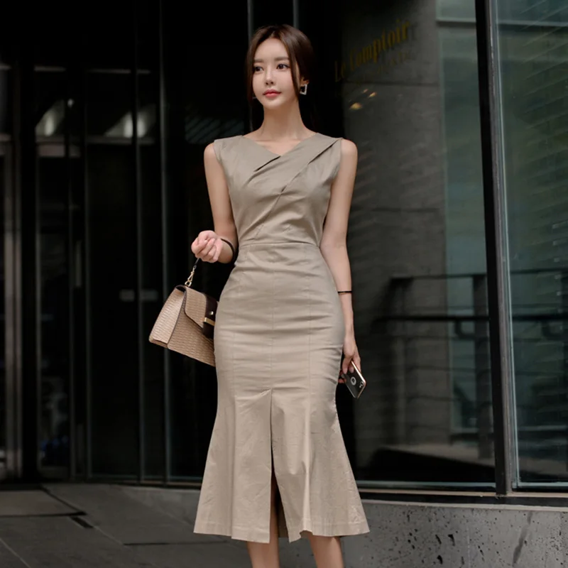 

Fashion Sleeveless Split Mermaid Mid-length Dress Elegant OL Work Business Slim Waisted Women Dress Summer vestidos femme 2018