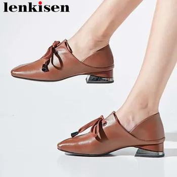 

2018 superstars full grain leather luxury retro design square toe lace up sweet girls large size concise style shallow pumps L86