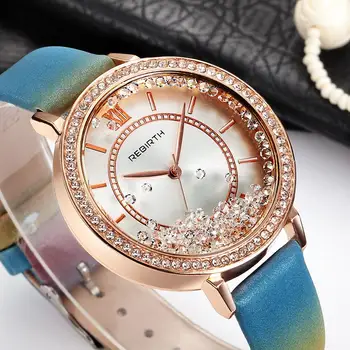 

REBIRTH Gold Watch Women Luxury Brand New Ladies Quartz-Watch Gifts For Girl PU Rhinestone Wrist Watches
