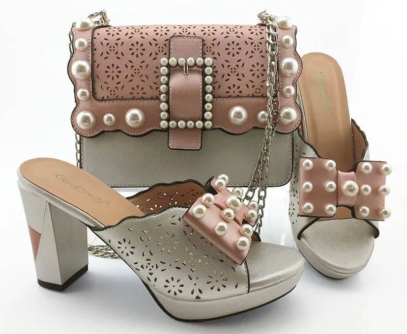 

White and pink New Style Italian Shoes and Bag Sets Nigerian Shoes with Matching Bags with Appliques for Party