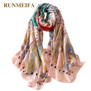 

RUNMEIFA brand 2018 design Beige/pink/white printing Silk scarf women Fashion shawl 180x90cm hijab scarf Sun protection shawl