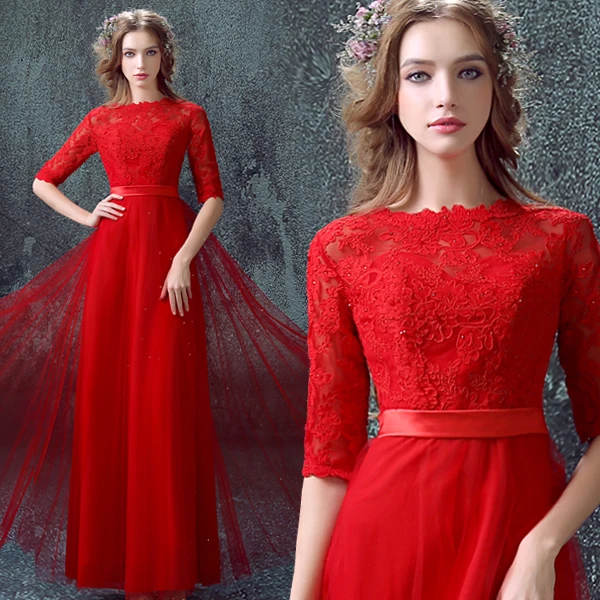 

vestido longo half sleeves sashes new hot sexy long tulle red lace Evening Dress Formal gowns 2015 prom dresses robe de soiree