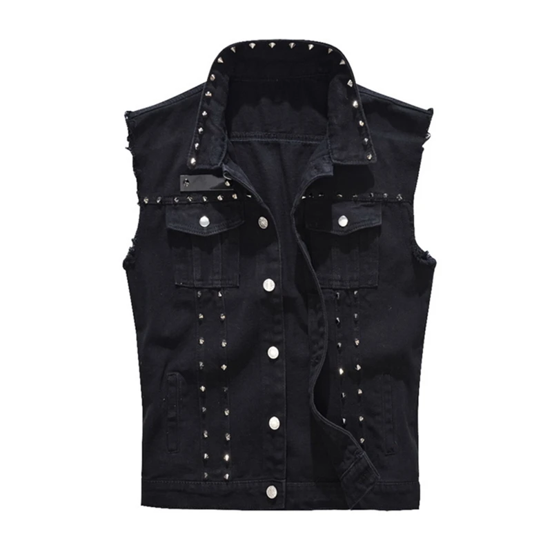 

MJARTORIA 2019 Male Denim Black Jeans Vest Coat Sleeveless Rivet Spring Casual Male Streetwear Cowboy Pocketed Waistcoat Jackets