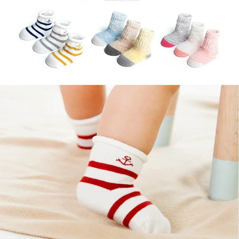 

New 3Pcs Crown Solid Color Stitching Striped Baby Socks Newborn Cotton Boys Girls Sock Cute Toddler Socks Size