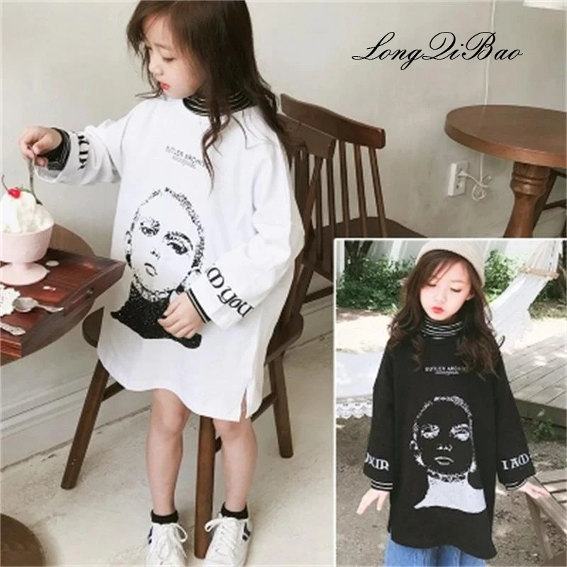 

High quality girls sweater 2018 autumn new big children's children loose sketch print T-shirt Korean version of the tide fashion