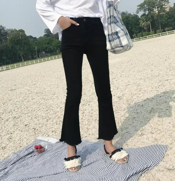 Корейская версия однотонных обтягивающих расклешенных брюк с высокой талией, модные женские джинсы Harajuku, элегантные женские брюки