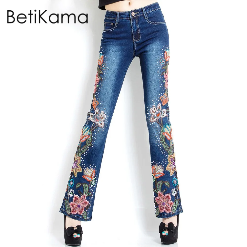

High Quality Embroidery Flower Flare Pants Jeans Woman with High Waist Plus Size Denim Skinny Jeans Push Up Jeans Femme 6XL Size