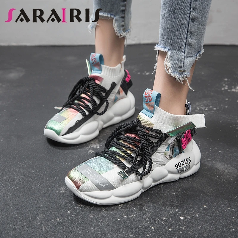 

SARAIRIS New INS Hot Colorful Fabric Sock Sneakers Women 2019 Summer Fashion Plus Size 35-44 Dad Shoes Women Casual Shoes Woman