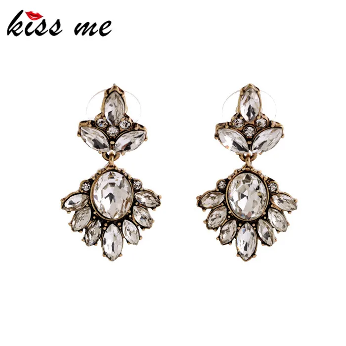 

Brincos Women's New Year Gift KISS ME Antique Gold Color Transparent Rhinestone Earrings