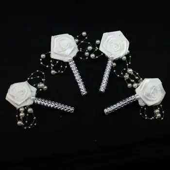 

5Pcs/Lot Handmade Fabric Flower Groom Boutonniere White Ribbon Rose Wedding Corsage Party Prom Man Suit Brooch Cloth Accessories