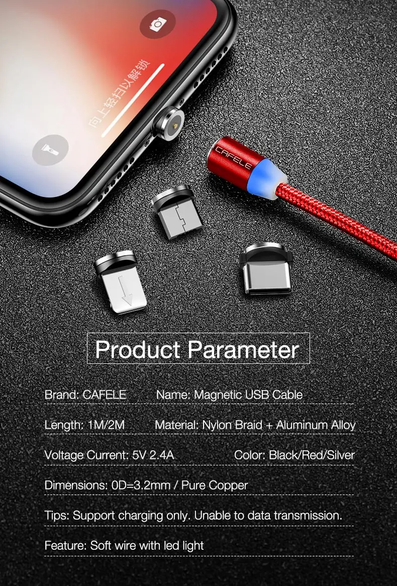 CAFELE 100 см Магнитный USB кабель Micro type C зарядный кабель нейлоновый светодиодный провод светодиодный кабель для iPhone samsung huawei Xiaomi Телефоны