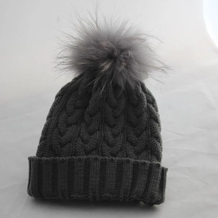 Женская теплая вязанная шерстяная шапка с меховым помпоном - Цвет: gray