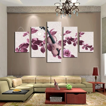 

Unframed 5 Panels Purple Flowers and Violin Print Painting Modern Canvas Wall Art for Wall Decor Home Decoration Artwork