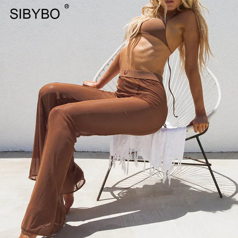 Sibybo Mesh Ruffles See Through Pants Women High Waist