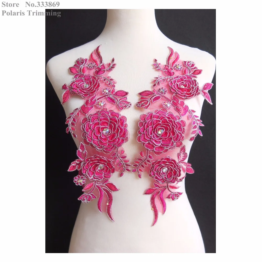 

2018 Newest Free Shipping 1pair=2pcs x Handmade Fuchsia Pink/Silver Flower Embroidery Beaded Lace Applique Trim Patches PBNC130E