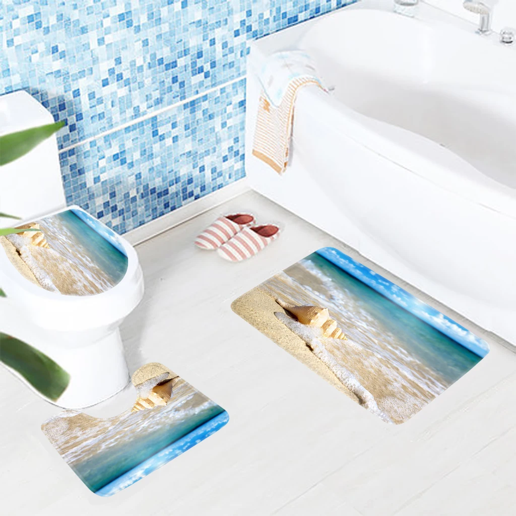 3pcs Bathroom Mat Set Beach Wonderful Shell on The Ocean Waves Pattern