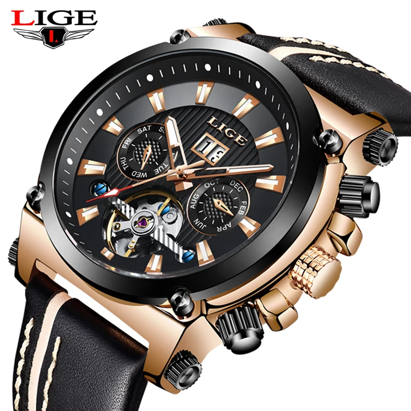 

LIGE Mens Watches Top Brand Luxury Tourbillon Waterproof Automatic Watch Mens Leather Calendar Simulation Clock Relogio Masculin