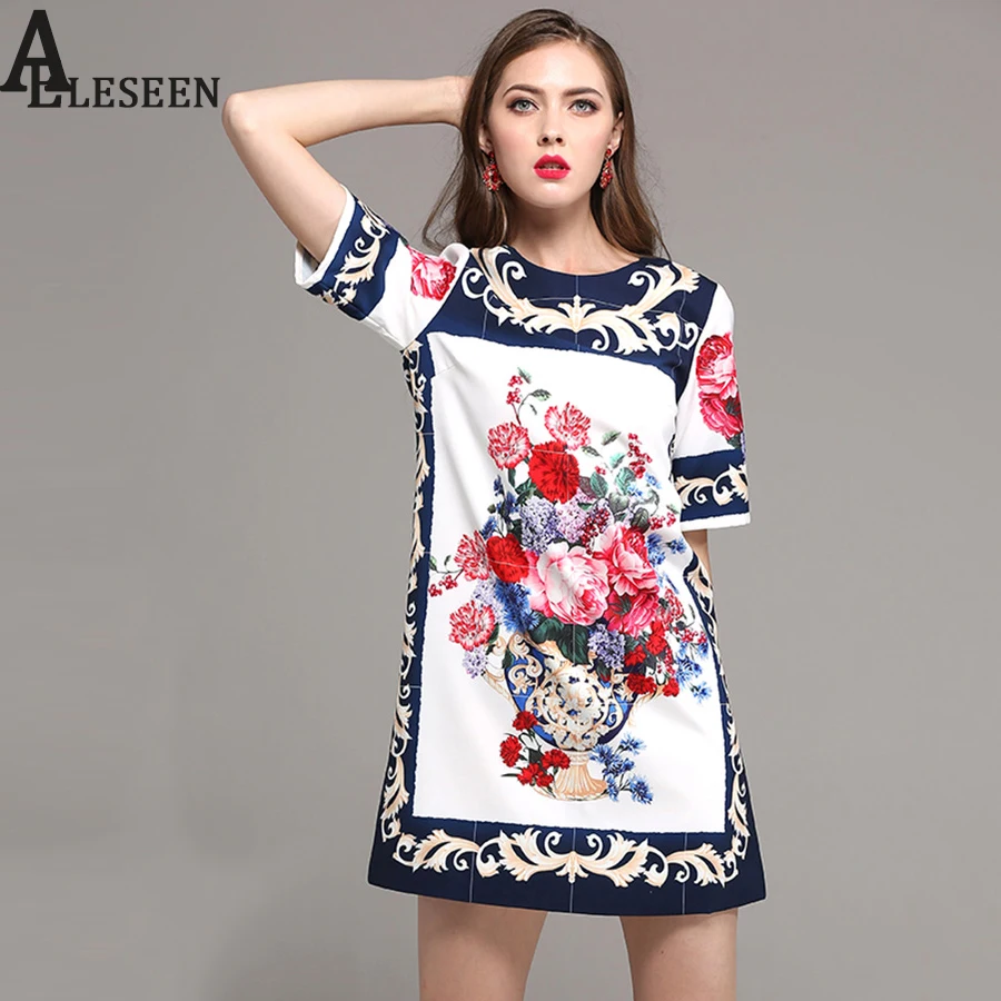 

Vitnage Elegant Women Dresses 2018 Autumn New Fashion Short Sleeve Luxury Cute Palace Flower Print Straight High Quality Dress