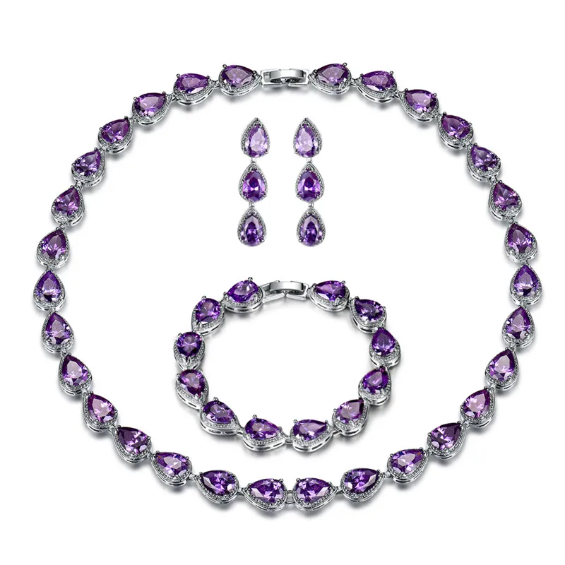 BUDONG Модный комплект ювелирных изделий в форме капли AAA+ Кристалл серебряного цвета ожерелье/серьги/браслет для женщин 5 цветов CZ свадебные XUT028