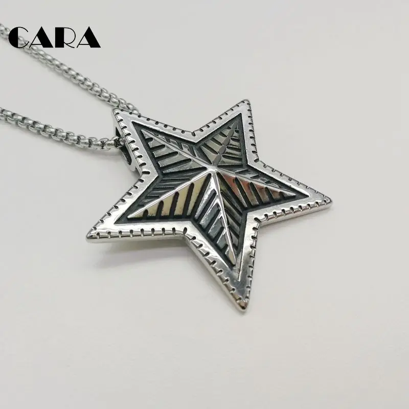 

CARA New Arrival Men's punk vintage fashion necklace 5 point antique silver star pendant neckace for men ,CAGF0062