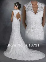 2014 New Design Sexy V Neck Cap Sleeves Beaded Lace Mermaid Wedding Dresses Open Back R6913