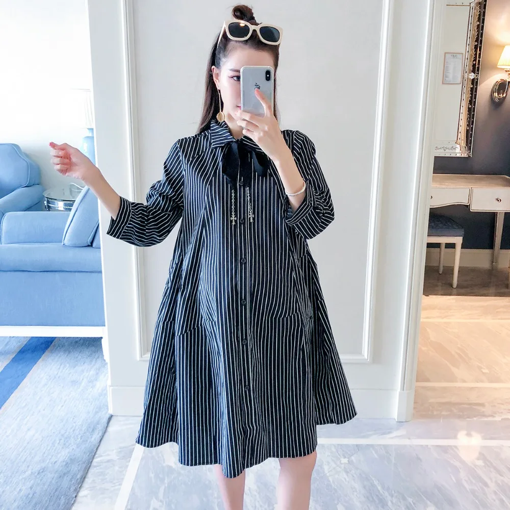

Pregnant women autumn dress 2018 new fashion vertical stripes loose maternity dress half sleeve temperament shirt skirt