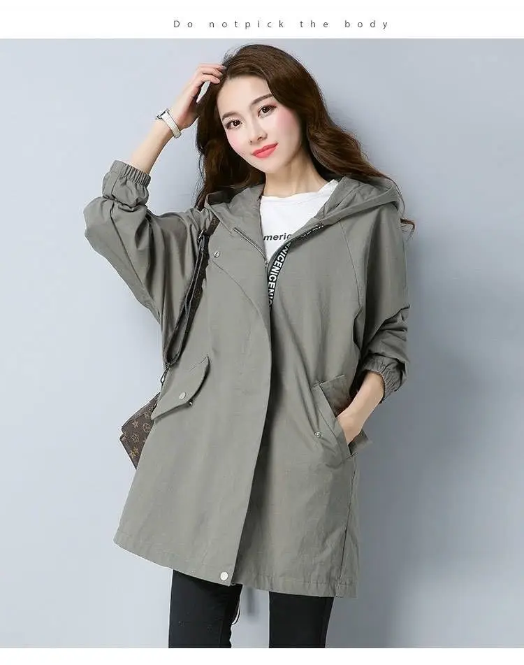 Vangull Women Trench Coat Female Long Sleeve Thin Hooded Wind Coat Autumn New Plus Size Loose Zipper Adjust Waist Outerwear