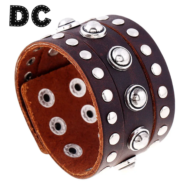 DC 2017 Punk Wide Cuff Bracelet Men Brown Wide Leather Bracelets Rock