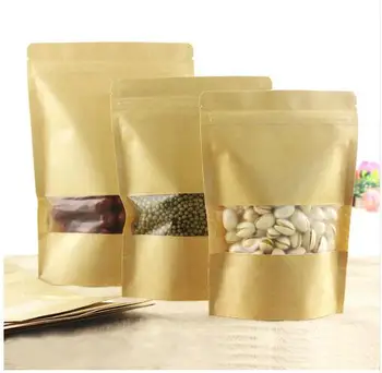 

Free Shipping 100pcs Zipper Kraft Paper Bag Frost Window Stand up Dried Food Snack Tea packaging Pouch Ziplock Gift Bags