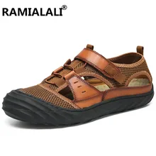 Мужские сандалии из натуральной кожи+ эластичная ткань; новые летние мужские пляжные сандалии; Высококачественная дышащая повседневная обувь; сандалии для мужчин