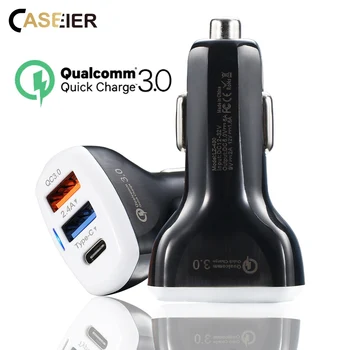 CASEIER QC 3.0 USB Car Charger For iPhone Xr Xs Max 3 Port Fast Charging For Samsung Note 9 Type C Mobile Phone Tablet Charger