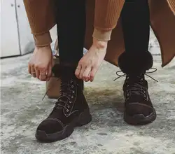 Женские ботинки до икры натуральная кожа теплые зимние с платформой на шнуровке martin высокие сапоги Плюшевые Дамская обувь женские теплые