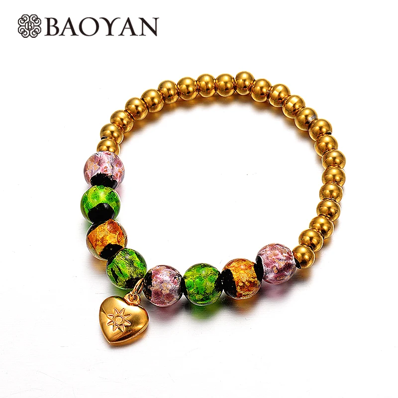 

BAOYAN 316L Stainless Steel Gold Color Heart Murano Beaded Bracelet for Women Gift N3