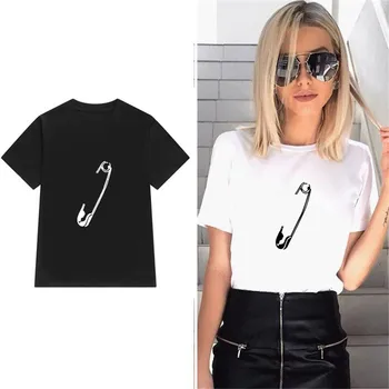 

Showtly 2019 Summer Funny T Shirts Safety Pin Graphic t shirt Fashion Women Tee shirt Black White T-shirt