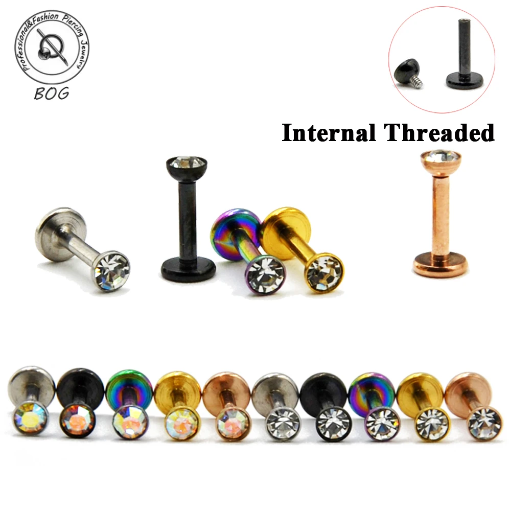 

BOG-1PC Hot Sale Design 316L Surgical Steel Internally threaded CZ Gem Labret Ear Cartilage Tragus Lip Ring Earring Percing 16g