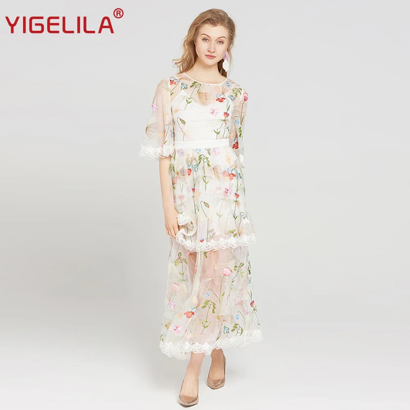 

YIGELILA 2019 Latest Spring Women Mesh Embroidery Dress Fashion O-neck Flare Sleeve Empire Slim A-line Long Dress 63438