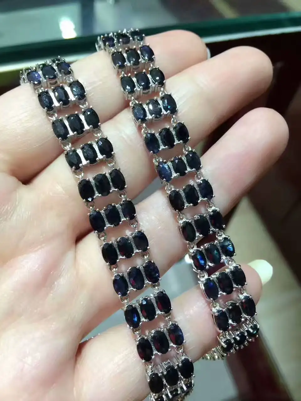  Bracelet en saphir bleu noir naturel Bracelet en pierres précieuses naturelles 925 bracelet en arge