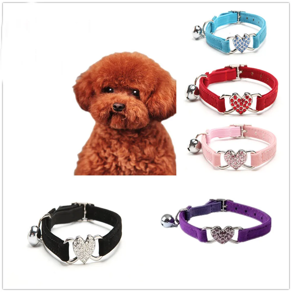 

Pet Dog Cat Collar Crystal Elastic Velvet Bell Heart Shape Leather Pets pupply Solid Color Adjustable Necklaces #01