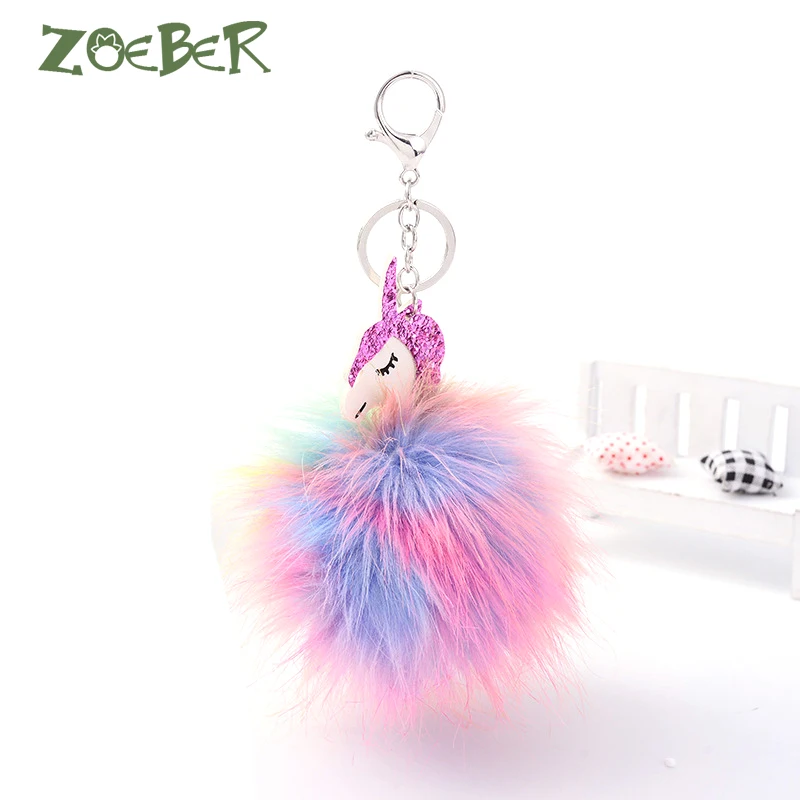 

ZOEBER Colors Clef Pompom Keychains Pegasus Unicorn Car Pom Pom KeyChain Bag Charms Jewelry for Women Animal Fur Ball Key Chain