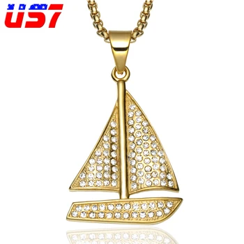 

US7 Hip Hop Iced Out Bling Stainless Steel Sailboat Pirates Pendant Necklaces Set Micro Ship Sea Necklace For Men Women Jewelry