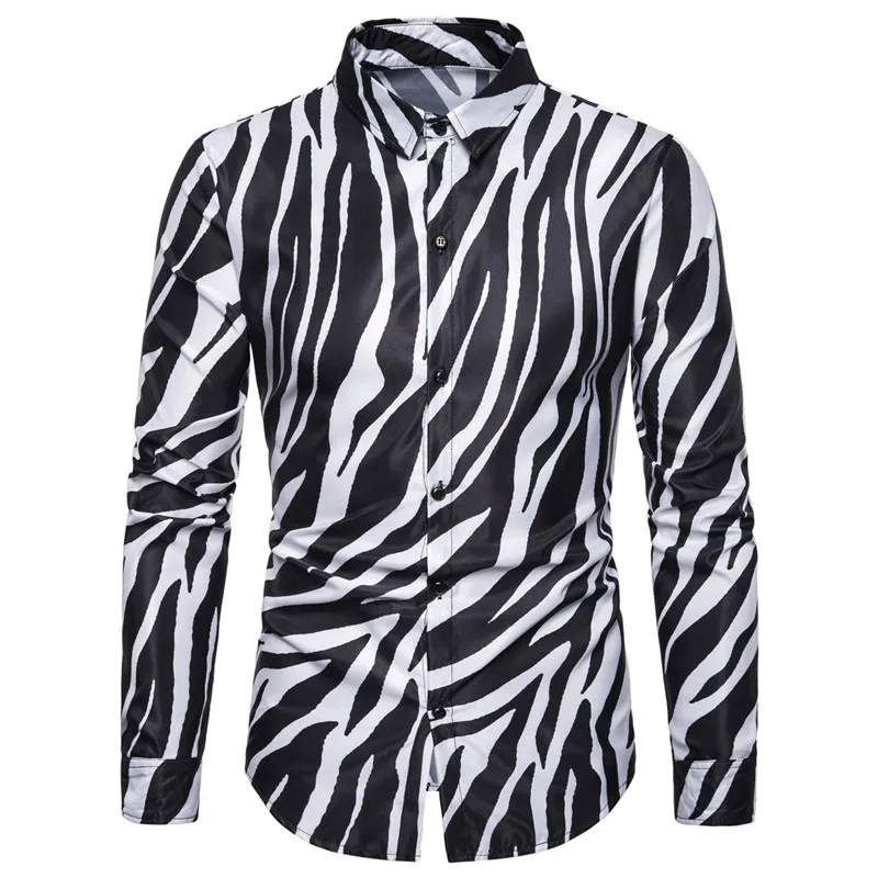 

2019 New Nightclub Party Zebra Striped Mens Shirts Casual Slim Fit Long Sleeve Camisa Social Mens Dress Shirts Chemise Homme 3XL