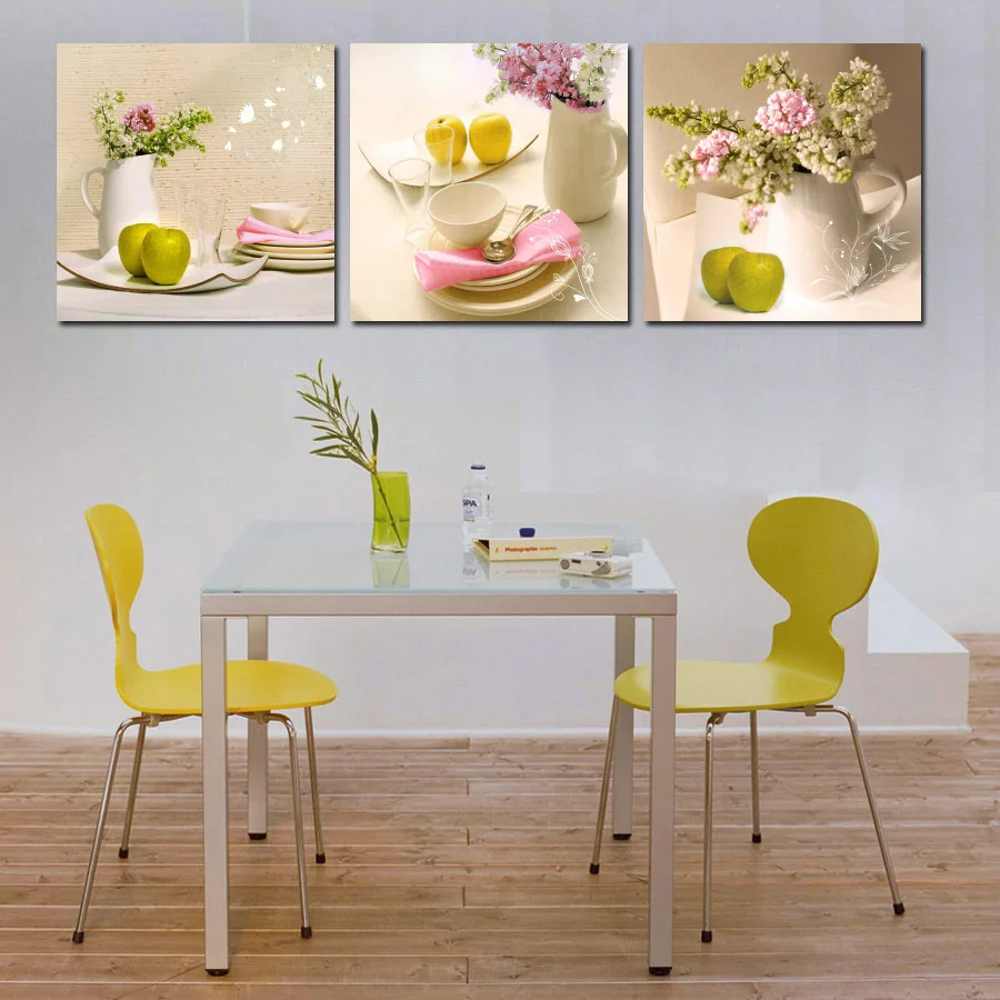 

3 Pieces Fine Wall Painting Canvas Flower And Apple Cafe Tableware Art Pictures For Dinning Room Kitchen Bar Decor Not Framed