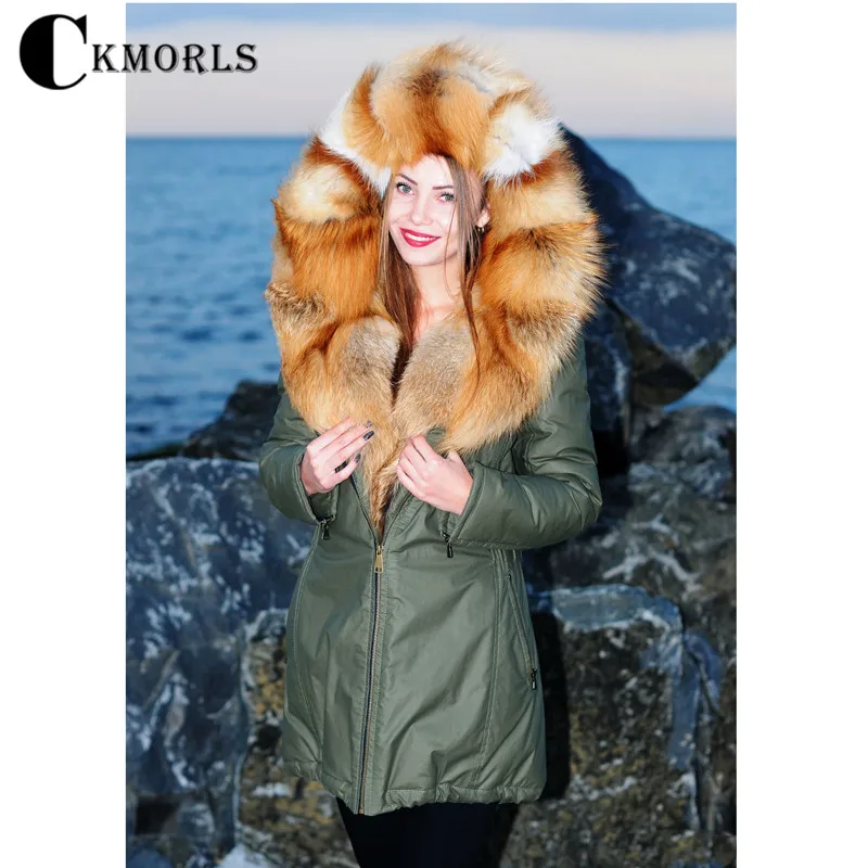 

CKMORLS Real Fur Coats For Women Winter Parkas With Big Red Fox Fur Collar Jacket Luxury Fur Outwear Thick Warm Armygreen Parka