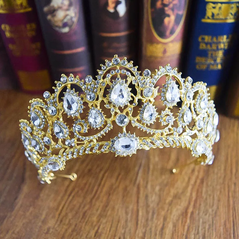 Горячее роскошное Золотое и Серебряное свадебное Королевское Корона из сплава для невесты тиара барокко свадебная корона покрытая стразами тиара корона ювелирные изделия HG-060