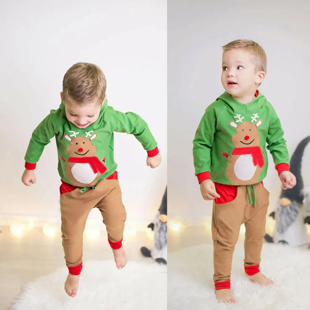 Рождественская одежда для малышей Комплект для маленьких мальчиков олень свитер с капюшоном топы+ брюки Детское одежа из 2 предметов Детские зимние штаны Комплекты одежды 3