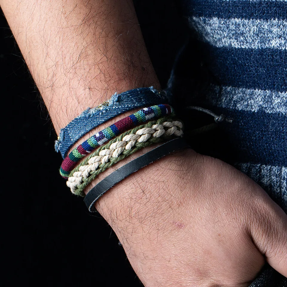 

New Vintage Handmade Multi-layer Denim Leather Bracelet for men & women 4PCS/SET Charms Bracelet Retro Jewelry B020453