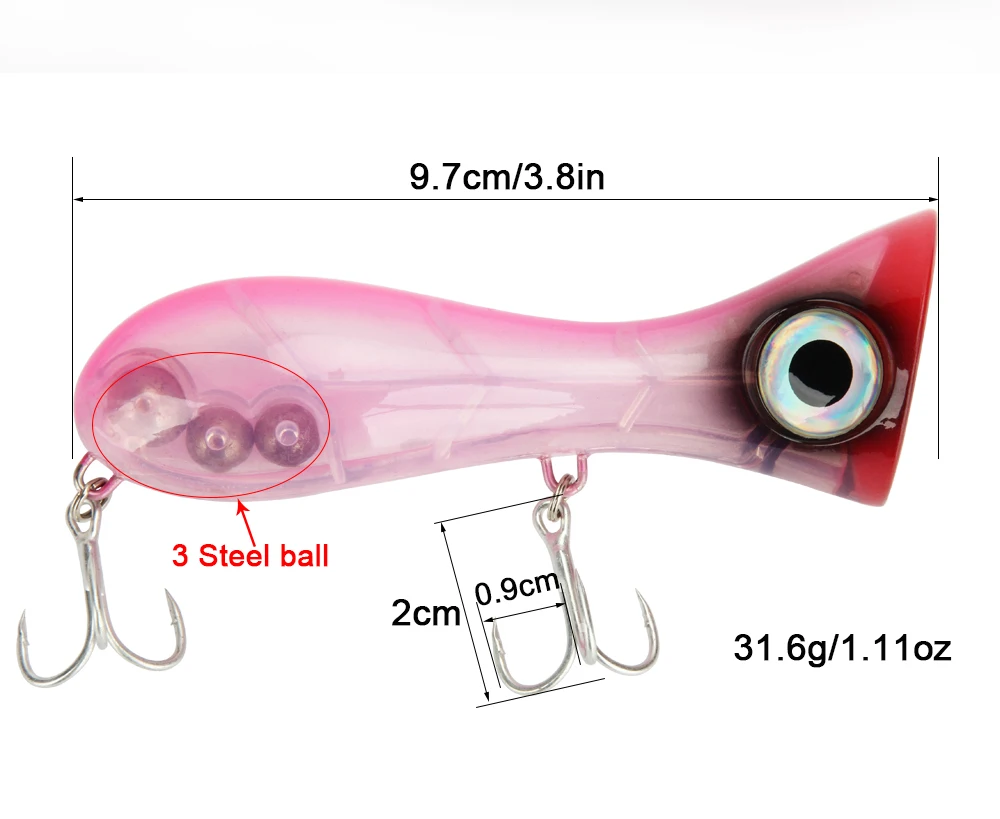 1 шт. 9,7 см 31,6 г плавающие изделие большой рот Поппер Рыбалка Морская приманка добавить 3 стальные шарики Троллинг литье Поппер 3d глаза