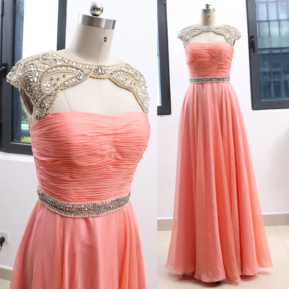 

Coral A-Line Scoop Neck Floor-Length Crystal Chiffon Prom Party Formal Evening Dress M 263380